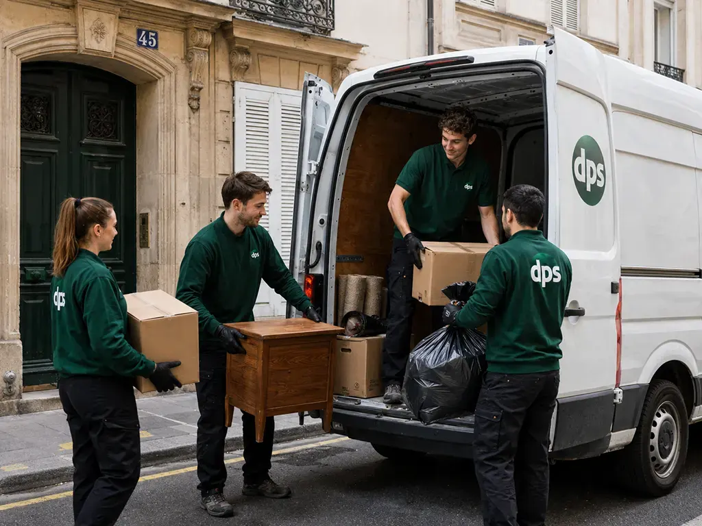 Équipe chargeant meubles et cartons dans un camion lors d'un débarras à Paris