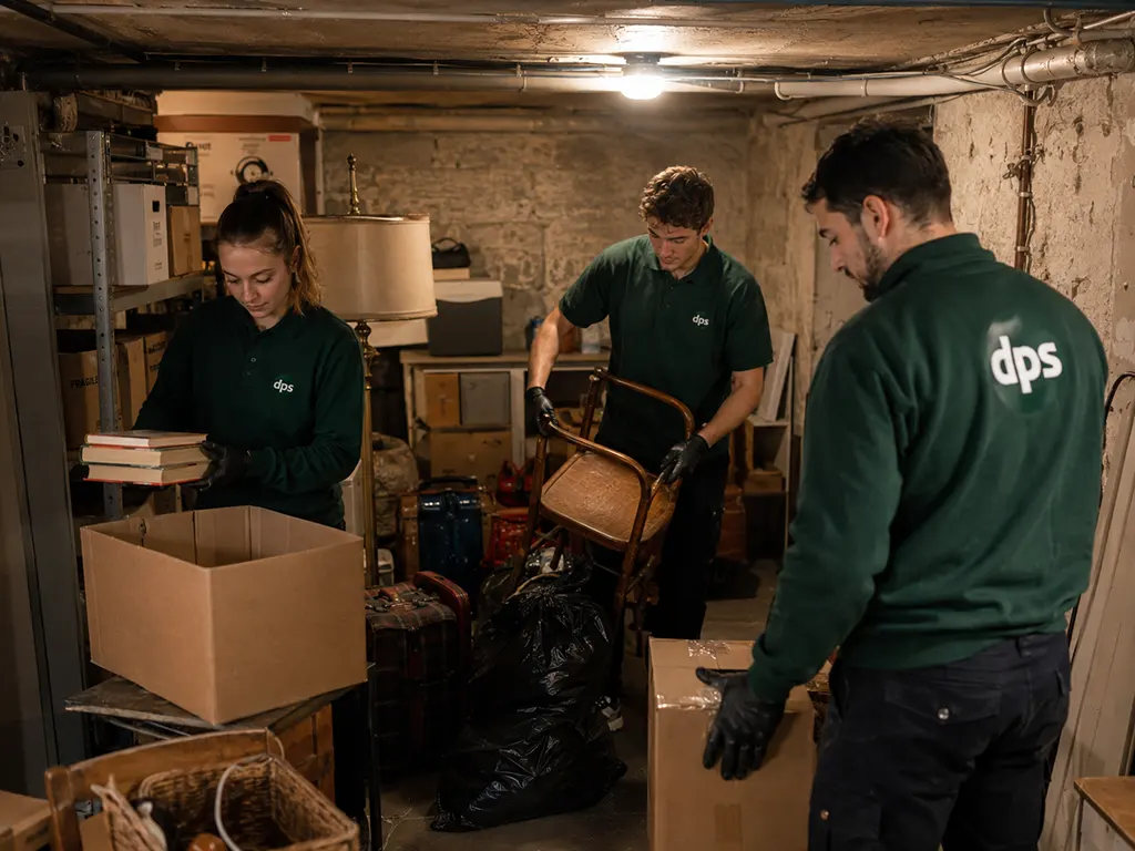 Débarras d'une cave à Paris avec cartons et mobilier