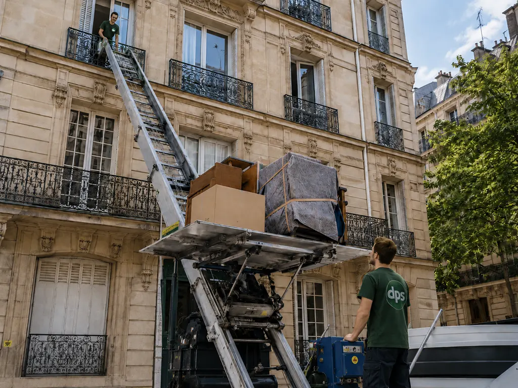 Monte-meubles utilisé pour descendre des meubles et cartons d'un appartement à Paris
